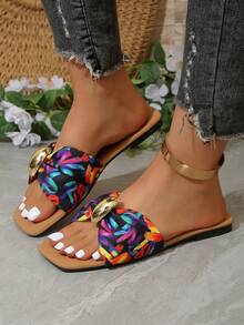 女士平底凉鞋，饰有蝴蝶结金属装饰，舒适简约编织平底凉鞋，适合度假、海滩、夏季日常穿着，白色亮面编织露趾拖鞋 - 紅色 - 查看 4