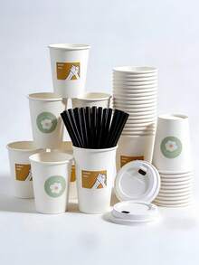 DIY自粘图案纸吸管和纸杯，随机花朵和握手图案，加厚设计，适用于咖啡、茶、聚会、办公室和家庭使用。 - 彩色 - 查看 1