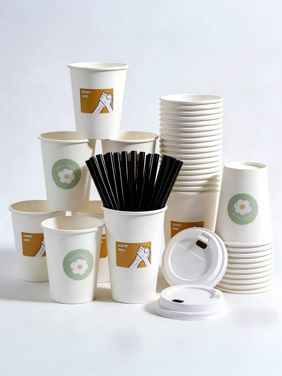 DIY自粘图案纸吸管和纸杯，随机花朵和握手图案，加厚设计，适用于咖啡、茶、聚会、办公室和家庭使用。 - 彩色 - 查看 1