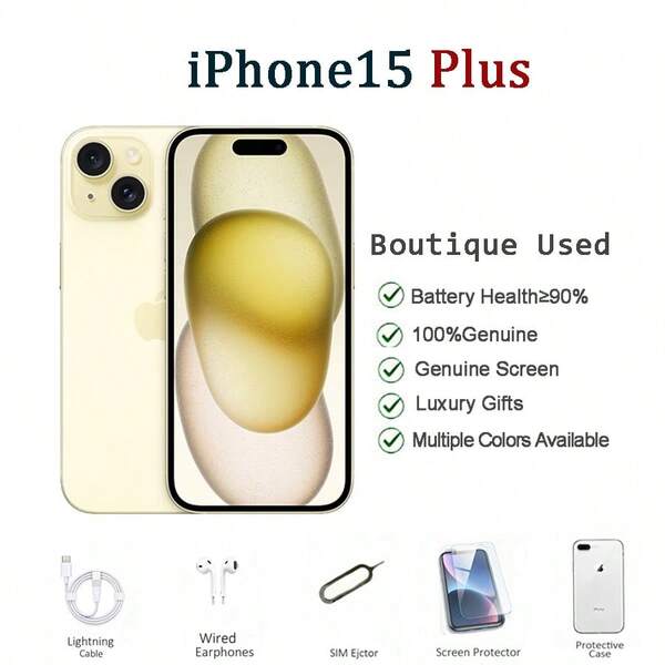  Used Apple IPhone 15 Plus 128GB/256GB, 6.7" Display, Dual SIM, Black/Blue/Pink/Yellow/Green, 95% New Condition, Powerful Performance For Home/Office Use And Remote Meetings