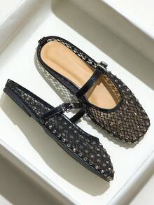 Große Größen Sandalen mit Strass-Dekor, schwarze Sandalen mit quadratischer Zehenpartie, vielseitig einsetzbare, atmungsaktive Mesh-Sommersandalen, Neuheit 2026 - Schwarz - Übersicht 3
