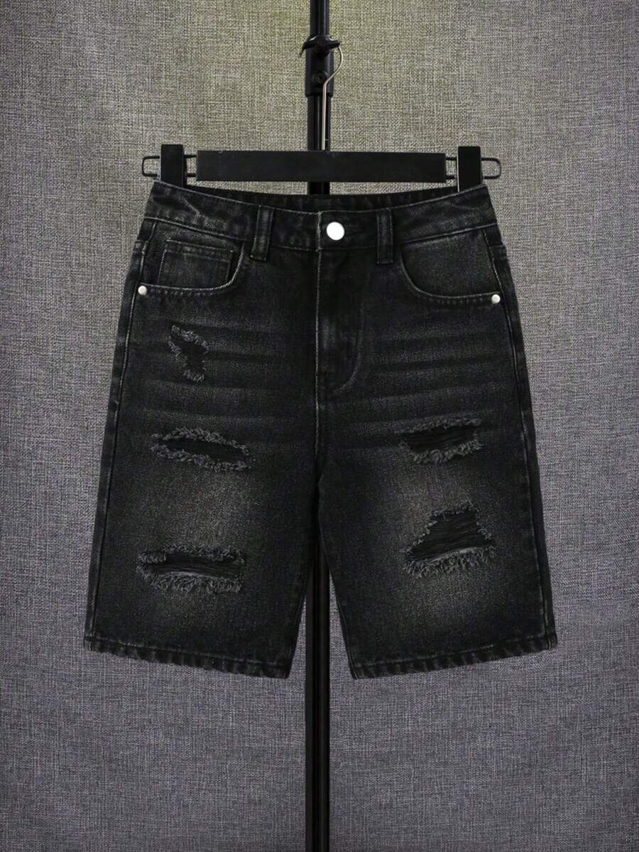 青少年男孩黑色时尚破洞牛仔短裤 - 黑色 - 查看 1