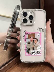 1 New Luxury Fashion Four-Sided Sparkling Diamond Transparent Phone Case Customized Couple Photo Electroplated Silver Luxurious Shiny Diamond Transparent Phone Case, Cheetah Print Suitable For IPhone 16e/17 Pro Max/15 Pro Max/14 Plus/13 Pro Shock-Absorbing Protection Hard Acrylic Material, With Anti-Collision Border Christmas Gift Customizable Things