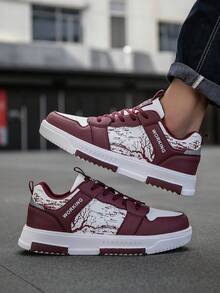 Męskie nowe, retro, kolorowe, podwyższone, codzienne, sportowe buty trekkingowe, sznurowane, z modnym wzorem litery i gałęzi, na deskorolkę, unisex - Burgund - Zobacz 8