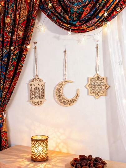3pcs Set Islamic Wooden Crescent Moon & Star Lanterns, Ramadan/Eid Al-Fitr/Eid Al-Adha Wall Decor, Moroccan Laser Cut Boho Style Hanging Ornaments, Handmade, , Ramadan Holiday Decorations, Suitable For Eid Gatherings/Celebrations, Perfect Housewarming Gift And Bedroom/Living Room Decor