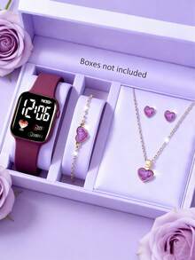 5/4pcs/Set Girls Fashion, Cute, Elegant LED Digital Display Electronic Watch Set, Suitable For Girls, Comes With Heart-Shaped Bracelet, Necklace, Earrings And Jewelry, Perfect For Daily Life, Vacation, Party, Travel, Back To School, Birthday/Holiday Decoration, An Ideal Gift For Girls On New Year And Valentine's Day - Multicolor - View 5