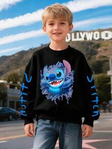 Disney Stitch Creative Multi-Heat-Position Pattern Printed Boys' Hoodies, Autumn And Winter Children's Round-Neck Hoodies, Suitable For Daily Commuting, School, And Casual Sportswear For Both Boys And Girls. Long-Sleeved Tops Are Suitable For Holiday Parties, Outdoor Activities And Travels. - Black - View 2