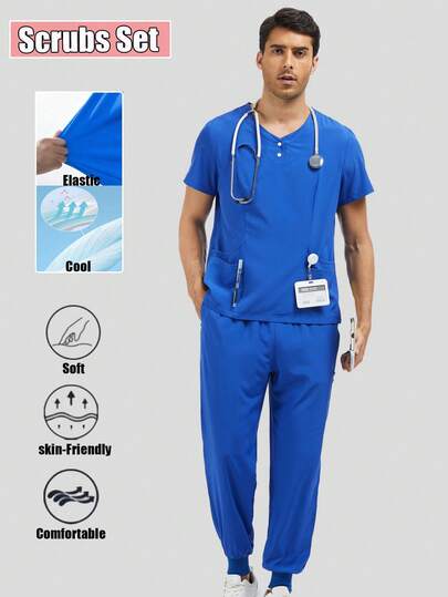 Scrub Set Medical Uniform For Men Dental Clinic Scrubs Top And Pants With Multiple Pockets