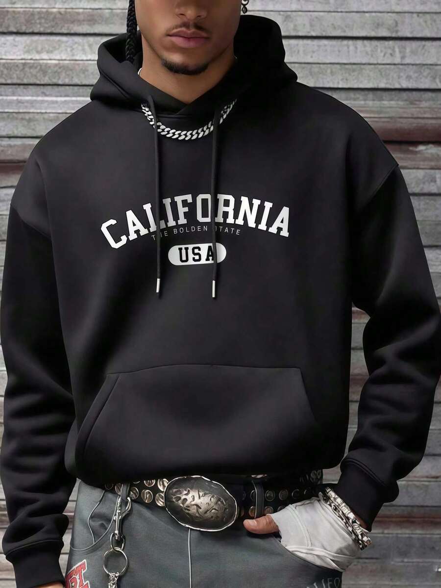 1pc Unisex Hoodie California USA Print Black Hoodie,Hoodies For Men Lightweight Polyester Material, Simple Print Drawstring Hoodie, Machine Washable, For Spring/Summer/Fall, Christmas, Halloween, Valentine's Day - 黑色 - 查看 1