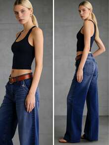 Ladies' Slim Fit Wide Leg Jeans (Dark Blue - High Waist Loose Straight Leg), Versatile For Daily Wear, Suitable For Family, Leisure, And Outdoor Activities, Suitable For Slimming Cuts From Teenagers To Adults, Simple Minimalist Design, Comfortable Full-Length Denim Pants.PLEASE ORDER ONE SIZE UP. - 深藍 - 查看 4