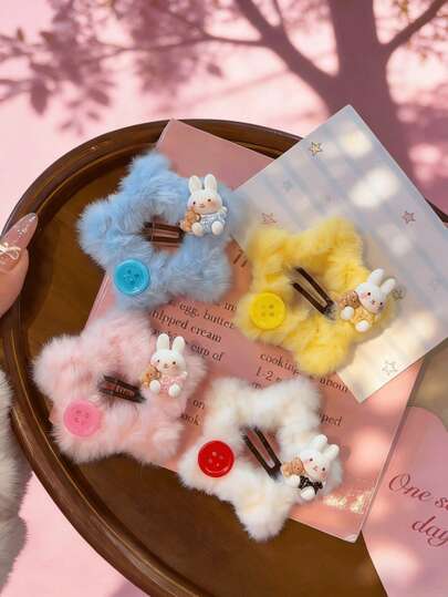 2/4pcs Cute Plush Rabbit Hair Clips - Adorned With Cartoon Rabbit & Bear, Star-Shaped Fluffy Hair Clips With Colorful Button Design, Sweet & Soft Hair Accessories Suitable For Daily Women's Hairstyles