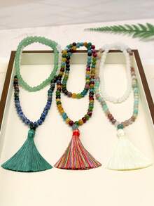 99/108 chiếc Vòng cổ tua rua bằng đá tự nhiên, đá Amazonite Bohemian, đá đốm xanh và đá Beryl nhiều màu, kiểu Trung Quốc, vòng cổ yoga dài. - nhiều màu - Xem 9