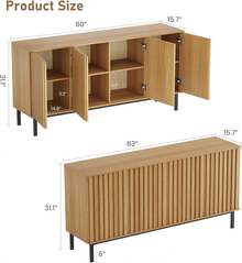 Buffet lateral de 47.2 pulgadas con almacenamiento, gabinete de madera grande con puertas estriadas y estantes ajustables, bar americano moderno independiente para cocina, comedor y sala de estar - 4 puertas - Ver 2