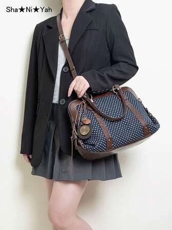 Retro Polka Dot College Style Tote Bag, Fashion Versatile Large Capacity Commuter Handbag (No Accessories Included)