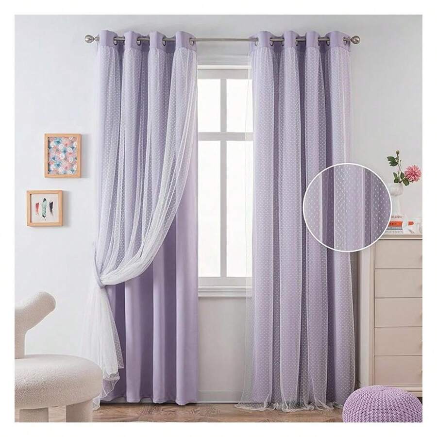 Lilac Curtains For Bedroom - Blackout Lavender Curtains - Polka Dot Sheer - 52x95 Inch - 2 Panels - Grommet - 如圖28 - 查看 1