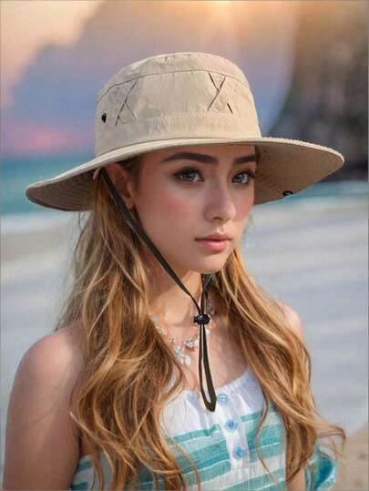 1pc Women's Wide Brim Bucket Hat For Spring/Summer, UPF 50 Sun Protection, Foldable Design For Easy Storage, Lightweight Fabric, Adjustable Drawstring, With Wind Cord And Sweatband, Suitable For Outdoor, Beach, Camping, Hiking, Gardening, Casual Wear