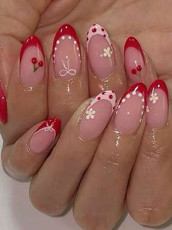 Express Your Love With 24pcs Almond Stiletto Acrylic Press On Nails Kit Red And White Cherry, Flower, Bow And Polka Dot Full Coverage Fake Nails Gel Nail Polish Nail Art Nail Suppliy Salon At Home Nail Art DIY For Women And Gilrls Valentine's Day