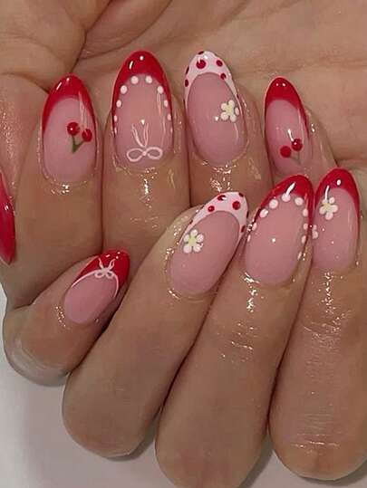 Express Your Love With 24pcs Almond Stiletto Acrylic Press On Nails Kit Red And White Cherry, Flower, Bow And Polka Dot Full Coverage Fake Nails Gel Nail Polish Nail Art Nail Suppliy Salon At Home Nail Art DIY For Women And Gilrls Valentine's Day Nail Supplies