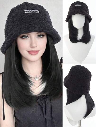 Fisherman's Hat Wig, One-Piece Women's Autumn And Winter Fashion Collarbone Hair Lamb Wool Bucket Hat