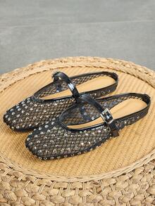 Große Größen Sandalen mit Strass-Dekor, schwarze Sandalen mit quadratischer Zehenpartie, vielseitig einsetzbare, atmungsaktive Mesh-Sommersandalen, Neuheit 2026 - Schwarz - Übersicht 2