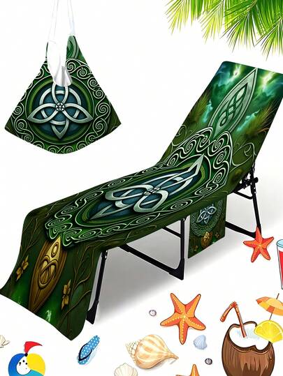 一套沙滩绿凯尔特图案印花躺椅套，速干超细纤维泳池躺椅套，四季通用沙滩巾椅套，带口袋，假日必备，旅行好物