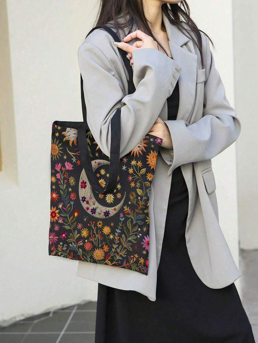 Chiếc túi tote vải bố rộng rãi này có thiết kế chủ đề hoa và trăng huyền bí, với các họa tiết hoa, cỏ, trăng và mặt trời thời trang. Thích hợp cho mua sắm, du lịch và sử dụng hàng ngày. - Nhiều màu - Xem 1