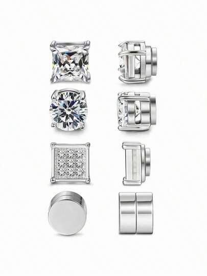 4 Pairs Stainless Steel Magnetic Earrings, Fashionable Cubic Zirconia Magnetic Clip-On Earrings, For Men