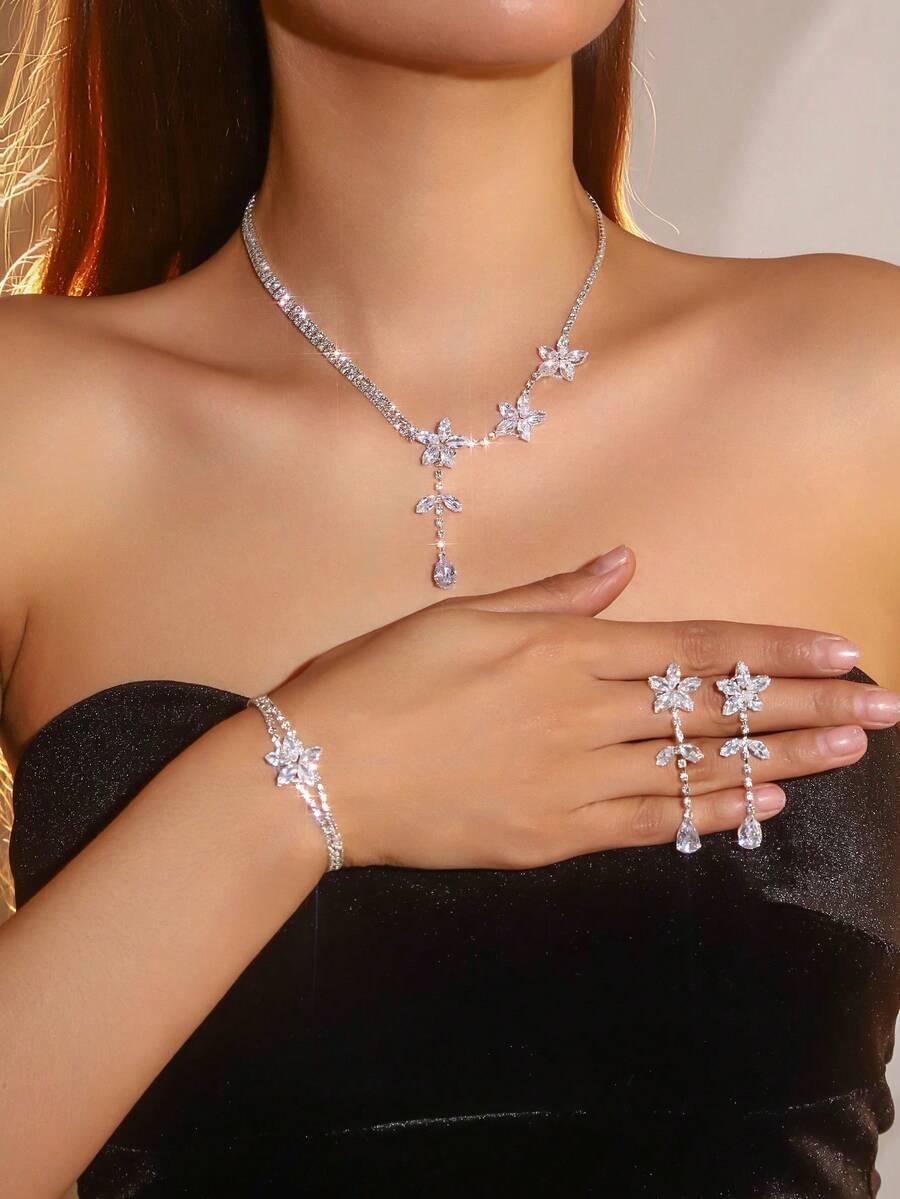 4pcs/Set Micro-Inlaid Zirconia Flower Necklace, Earrings And Bracelet, Fashionable And Elegant, Suitable For Women's Daily Commute, Campus Date, Wedding Party, Valentine's Day, Holiday Gift And Other Occasions - White - View 1