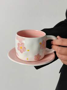 1pc Hand-Painted Floral Pink Ceramic Coffee Cup & Saucer Set, Elegant Sakura Sunset Pattern Coffee Cup & Saucer - Multicolor - View 3