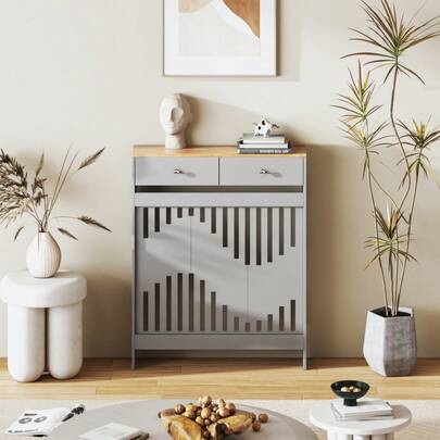 Radiator Cover With Drawers, Grey Wooden Radiator Shelf Pipe Covers Cabinet With Wavy Grill For Living Room Bedroom Hallway, 78Lx19Wx95Hcm