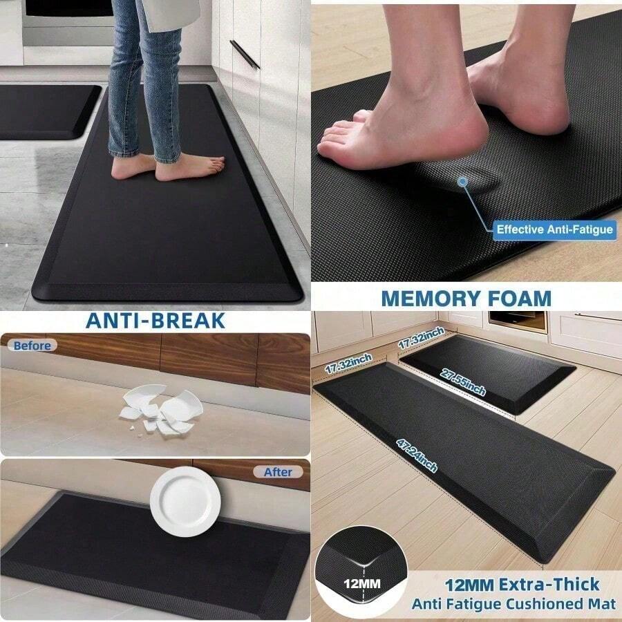 &Tapete de Cocina 2PCS Tapete Antifatiga Cocina Alfombrilla de Cocina Resistente al Agua y al Aceite Tapetes Confort para Estar de pie para Cocina Familia Oficina Piso Negro 44x70CM+44x120CM - Multicolor - Ver 1