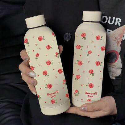 1pc 500ml Tulip, Red Rose, Cherry Pattern Stainless Steel Double Wall Vacuum Insulated Coffee Cup, Cold Drink Tumbler, Travel Mug, Suitable For Storing Truffles Chocolate, Great Gift For Girlfriend, Christmas