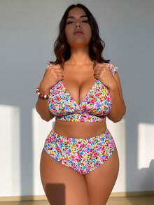 Spring/Summer New Arrival/ Plus-Size Women Seeking Fashion And Comfort Two-Piece  Bikini Swimsuit: V-Neck Crop Top With Ruffled Sleeves + High-Waisted Bikini Bottoms Floral Two-Piece Swimsuit Beach Vacation - Nhiều màu - Xem 5