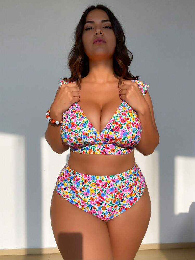 Spring/Summer New Arrival, Plus Size Women's Two-Piece Bikini Swimsuit: Ruffled Sleeve V-Neck Cropped Top + High-Waisted Bikini Bottom - Multicolor - View 5