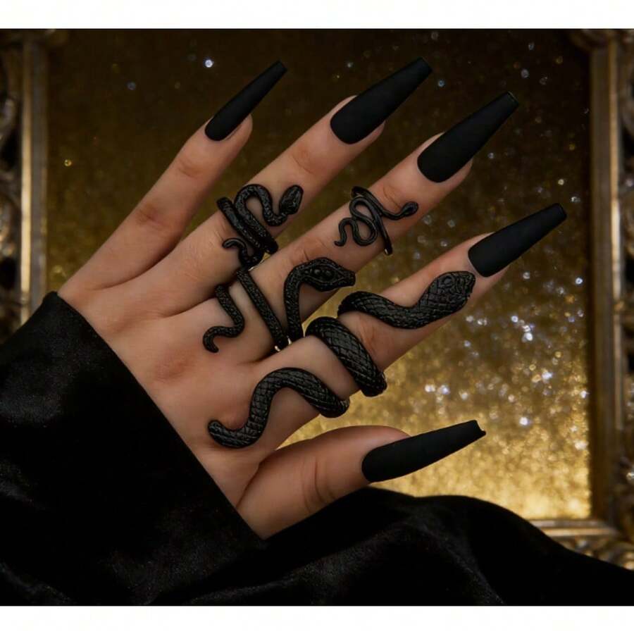 Imoli 4pcs Punk Style Snake Carved Alloy Ring Set | Adjustable | Party/Travel Gift - màu đen - Xem 1