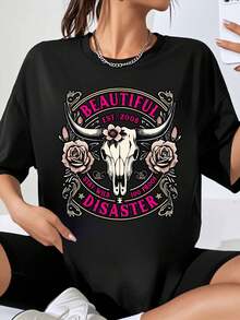 Beautiful Disaster Cow Skull Rose Print T Shirt Women Oversized Casual Top Est 2008 Stay Wild 100 Proof Graphic Tee For Everyday Wear And Festival Style - 黑色 - 查看 1
