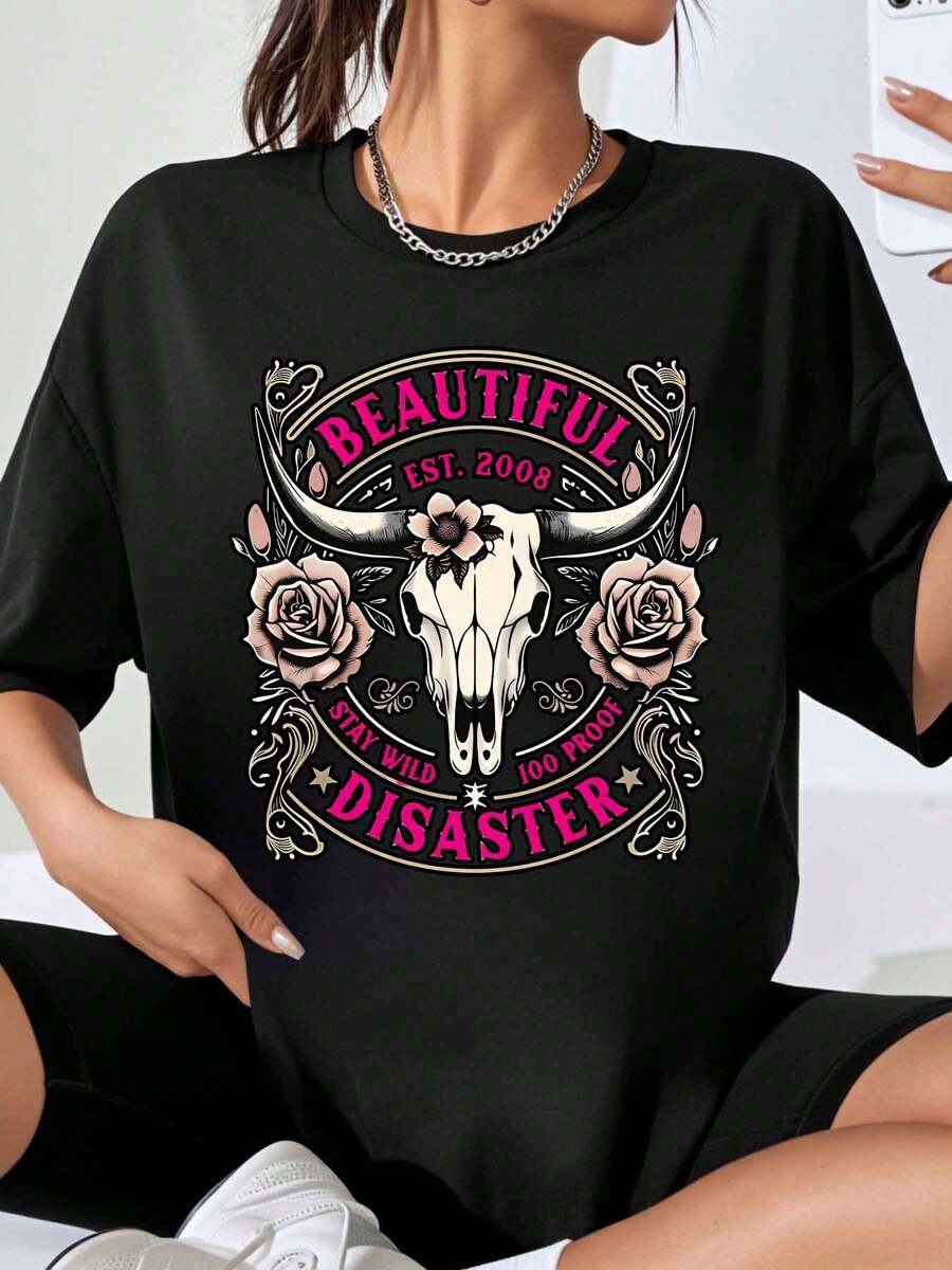 Beautiful Disaster Cow Skull Rose Print T Shirt Women Oversized Casual Top Est 2008 Stay Wild 100 Proof Graphic Tee For Everyday Wear And Festival Style - 黑色 - 查看 1