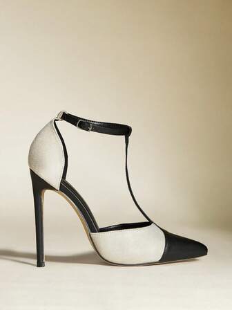 Fall/Winter Two Tone Point Toe Stiletto Heeled Suedette Ankle Strap Pumps, Elegant