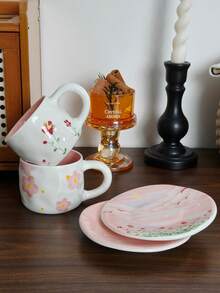 1pc Hand-Painted Floral Pink Ceramic Coffee Cup & Saucer Set, Elegant Sakura Sunset Pattern Coffee Cup & Saucer - Multicolor - View 9