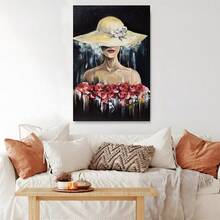 2D Flat Printing, 1pc, A Figure (With Visible Lips) Wears A Large Light Hat With White Flowers, With Red Roses Around The Torso And Paint Drips On A Dark Background, Canvas Wall Art For Living Room, Bathroom Wall Art Bedroom Framed Wall Art Poster Art Prints Ready To Hang Pictures Home Decorations Wall Decor For Office - 彩色 - 查看 4