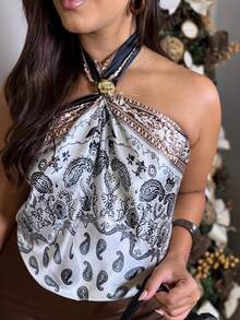 [Large Fashion Satin Square Scarf 90*90]Party|Daily Suitable For Beach And SummerHead And Neck Scarf - L1/preto - Xem 2