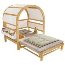 Extendable Arched Roof Bed, Sliding Bed, Children's Bed, Daybed, Small Side Shelf, Pine+MDF, White+Natural, 140x200cm - White - View 1