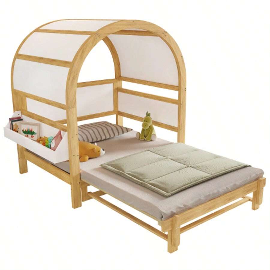 Extendable Arched Roof Bed, Sliding Bed, Children's Bed, Daybed, Small Side Shelf, Pine+MDF, White+Natural, 140x200cm - White - View 1