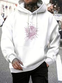 Black Hoodie With White & Pink Spider Graphic Design On Chest - Spider Web With Pink Outline, Stylized 'Spider' Text, Casual Pullover For Everyday Wear, Unique Graphic Hoodie For Fans - 白色 - 查看 1