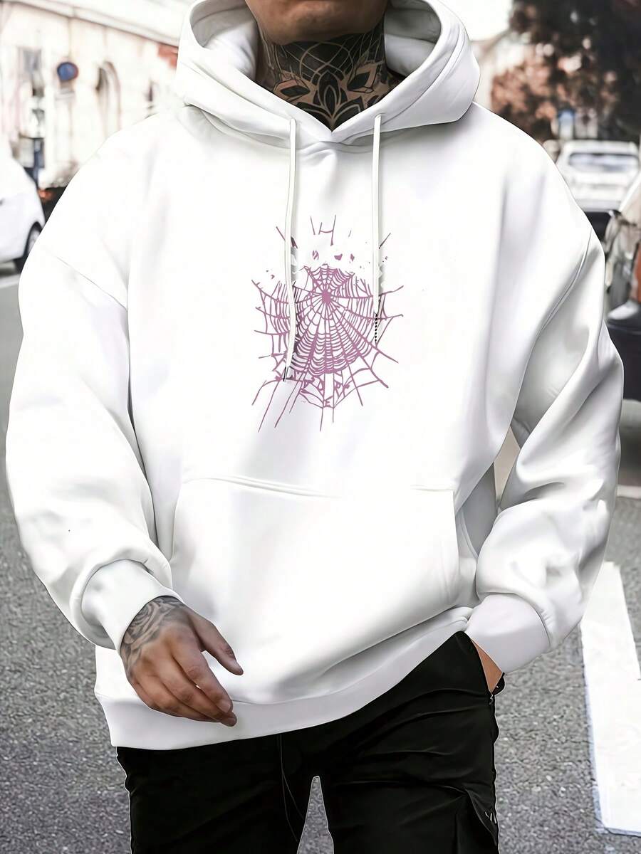 Black Hoodie With White & Pink Spider Graphic Design On Chest - Spider Web With Pink Outline, Stylized 'Spider' Text, Casual Pullover For Everyday Wear, Unique Graphic Hoodie For Fans - 白色 - 查看 1