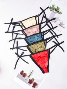5-Pack Men's Thongs, Glossy And Smooth Silk Thong Briefs With Bow Tie Straps, Suitable For Daily Wear And Special Occasions - 混合色 - 查看 2
