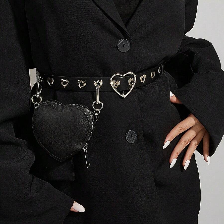 Punk Style PU Belt With Rivet Heart Buckle For Women - Suitable For Casual To Campus Daily Wear, Hip-Hop Fashion Accessory, Not Washable, Fits All Sizes - 黑帶 - 查看 1