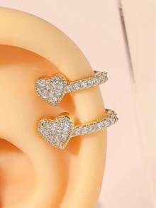 1件时尚优雅的立方氧化锆心形夹式耳环，女士铜质首饰礼品 - 金色 - 查看 2