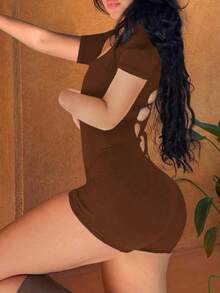 Vaiaye Women's Sexy Criss-Cross Backless Frenum Jumpsuit,Round Neck T-Shirt Bodysuit,Women's Gym Clothes ,Suitable For Daily Wear, Commute Daily - Brown - View 8