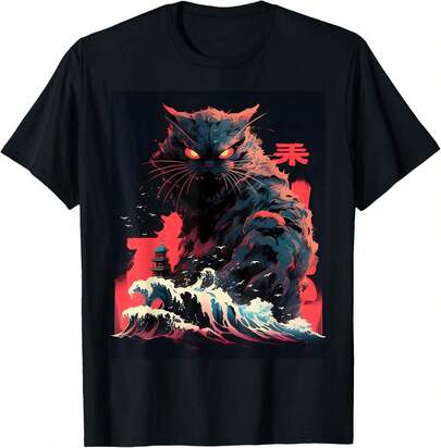 Cap Japanese Big Wave Art Funny Cat Gift For Men T-Shirt